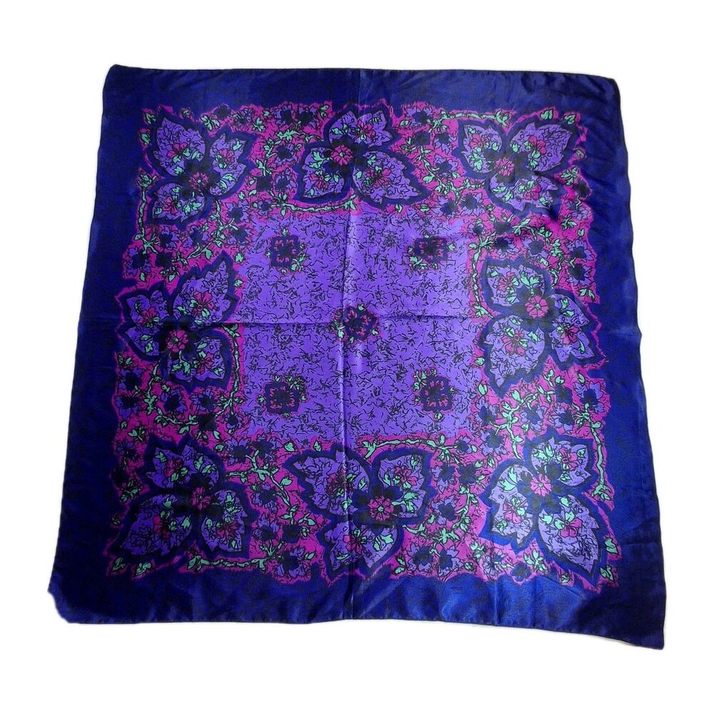 Vintage Satin Floral Square Scarf ~30 in Large Unique Colorway Blue Purple Pink